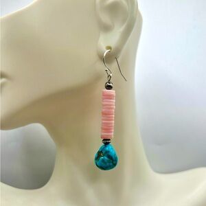 SOLD Pink Conch Shell + Turquoise Nugget Sterling Silver dangle earrings